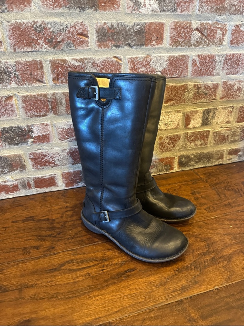 UGG Black Leather Mid-Calf Lace-Up Boots